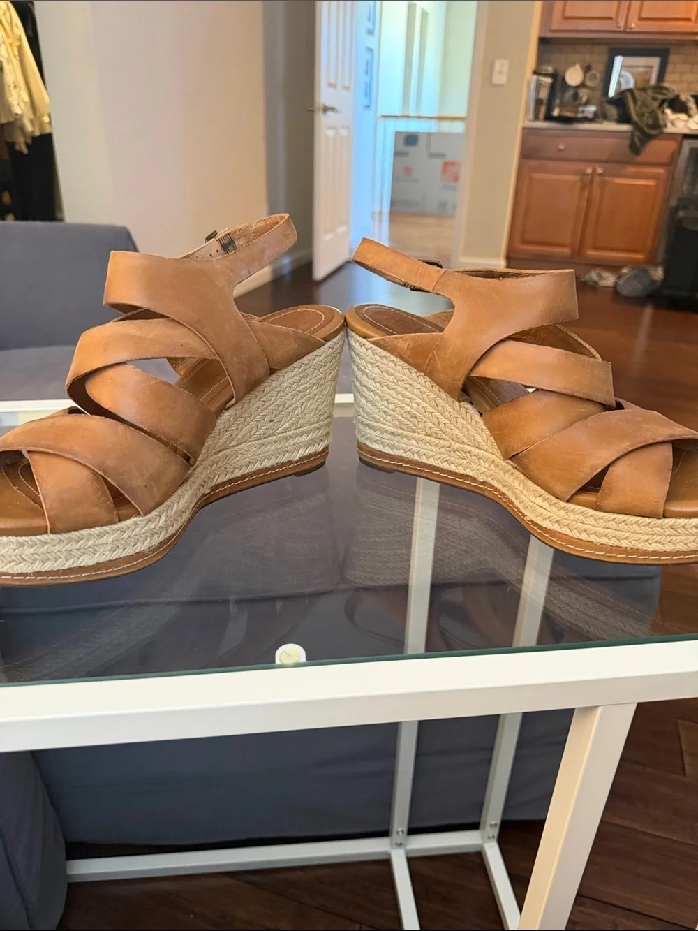 Clarks Tan Espadrille Platform Wedge Sandals